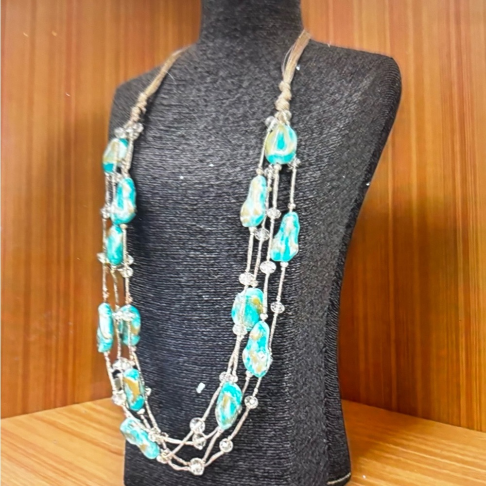 Long Chunky Turquoise Beaded Layered Necklace - Picture 3 of 6